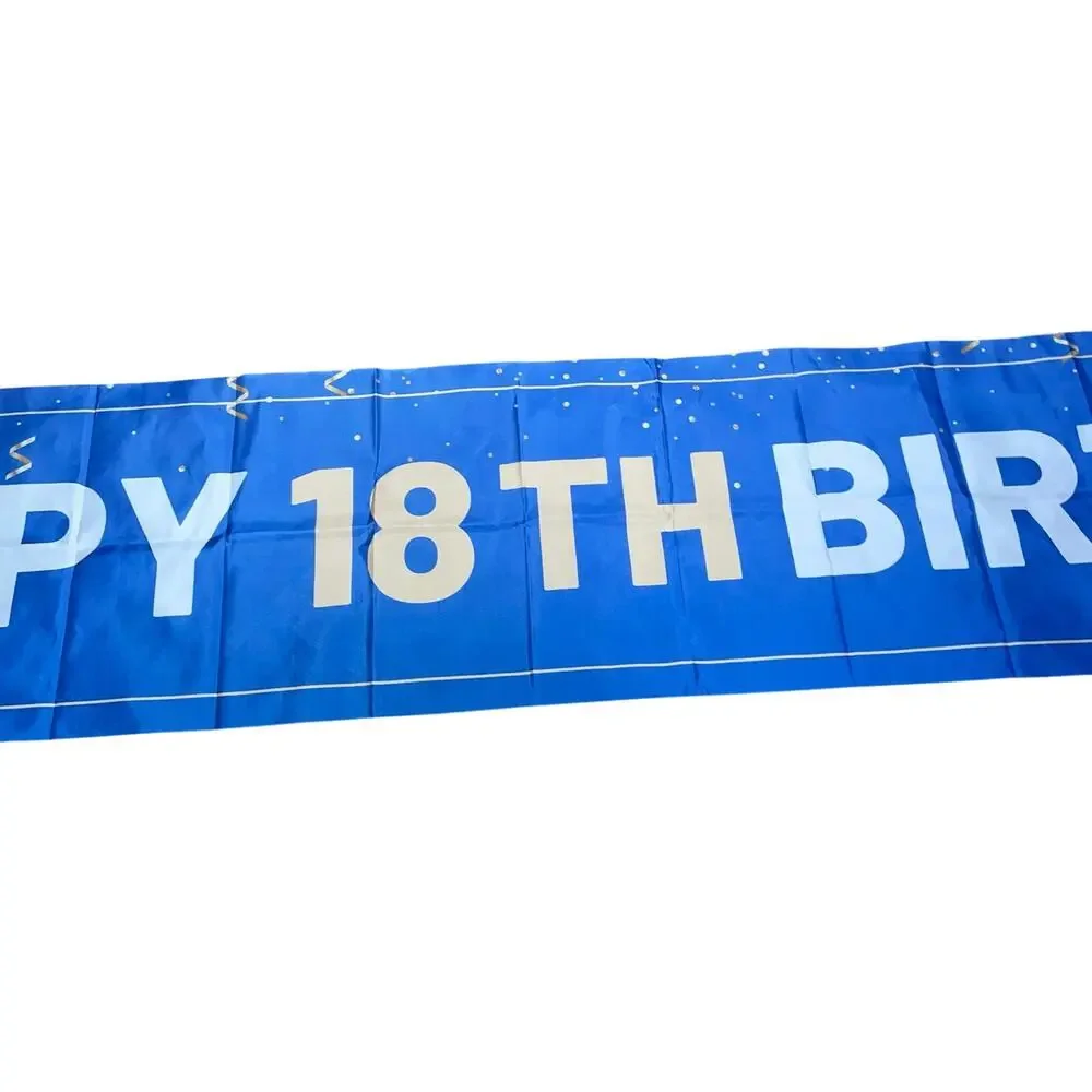 Happy 18th Birthday Banner Blue Gold Wall Flag Ribbon Party Backdrop 9.5ft Sign